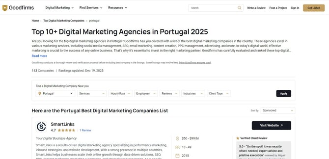 goodfirms - smartlinks - #1 top digital marketing company in Portugal December 2025