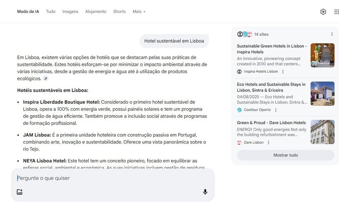 pesquisa hotel sustentavel em lisboa - AI mode